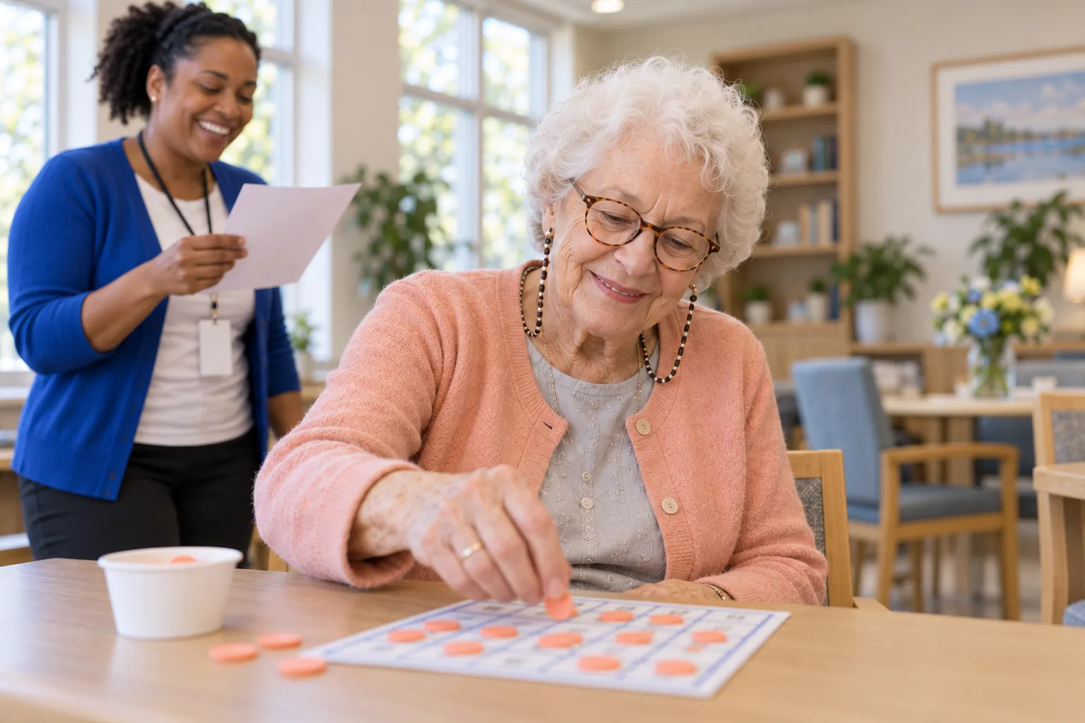 A resident places a chip on her bingo card while an activity assistant laughs behind her, holding the caller sheet