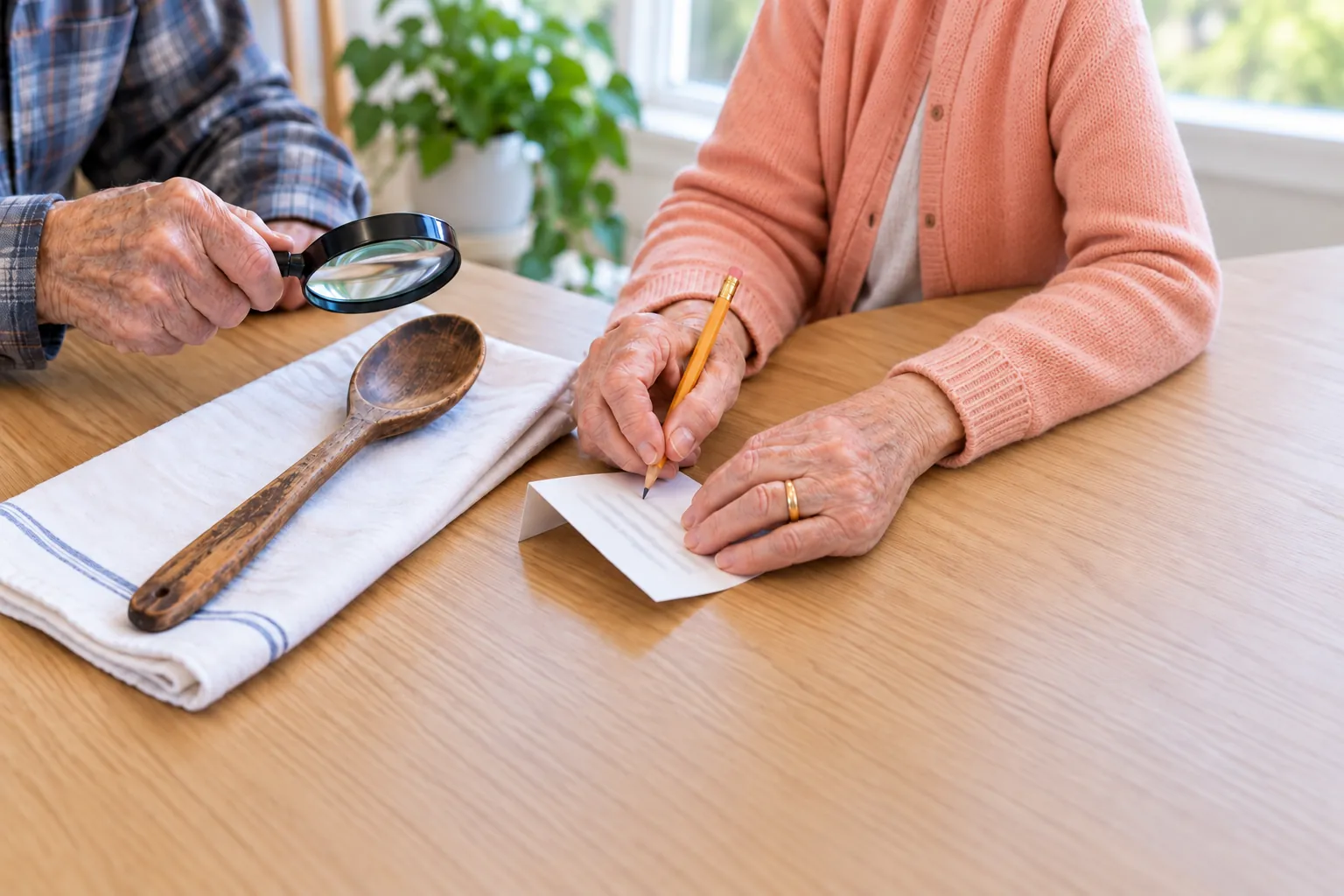 Residents’ hands at a table: one writes a small folded museum label beside a wooden spoon on a cloth, another holds a magnifying glass over the spoon