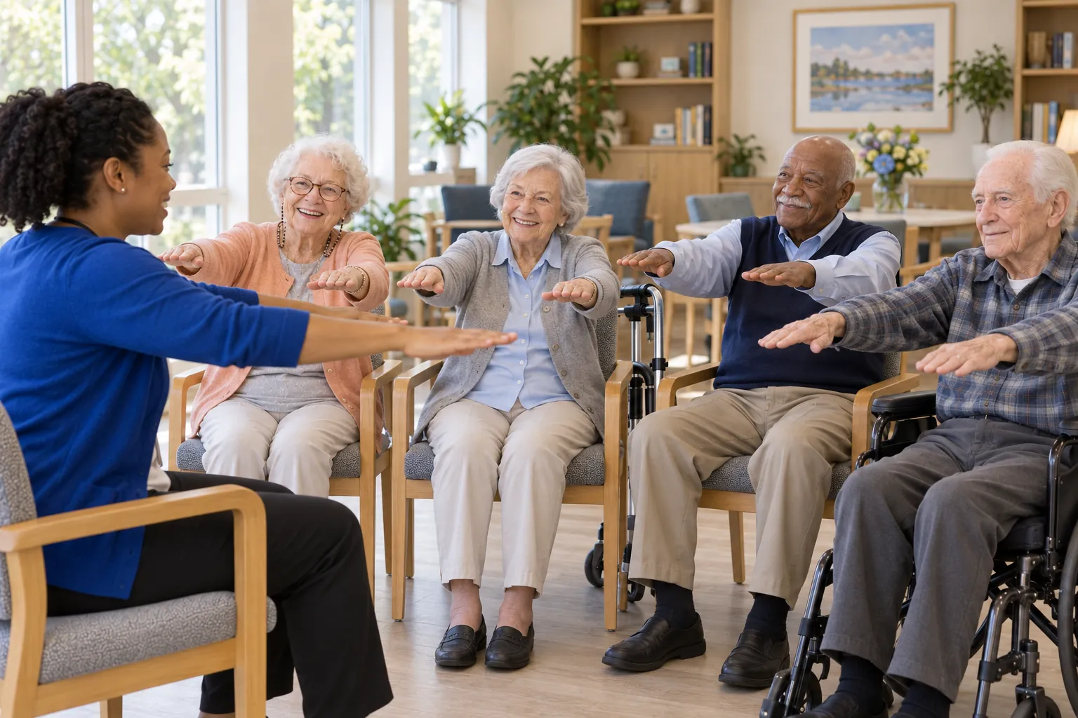 Seen from behind, an activity assistant leads four seated residents, one in a wheelchair, as they stretch their arms forward