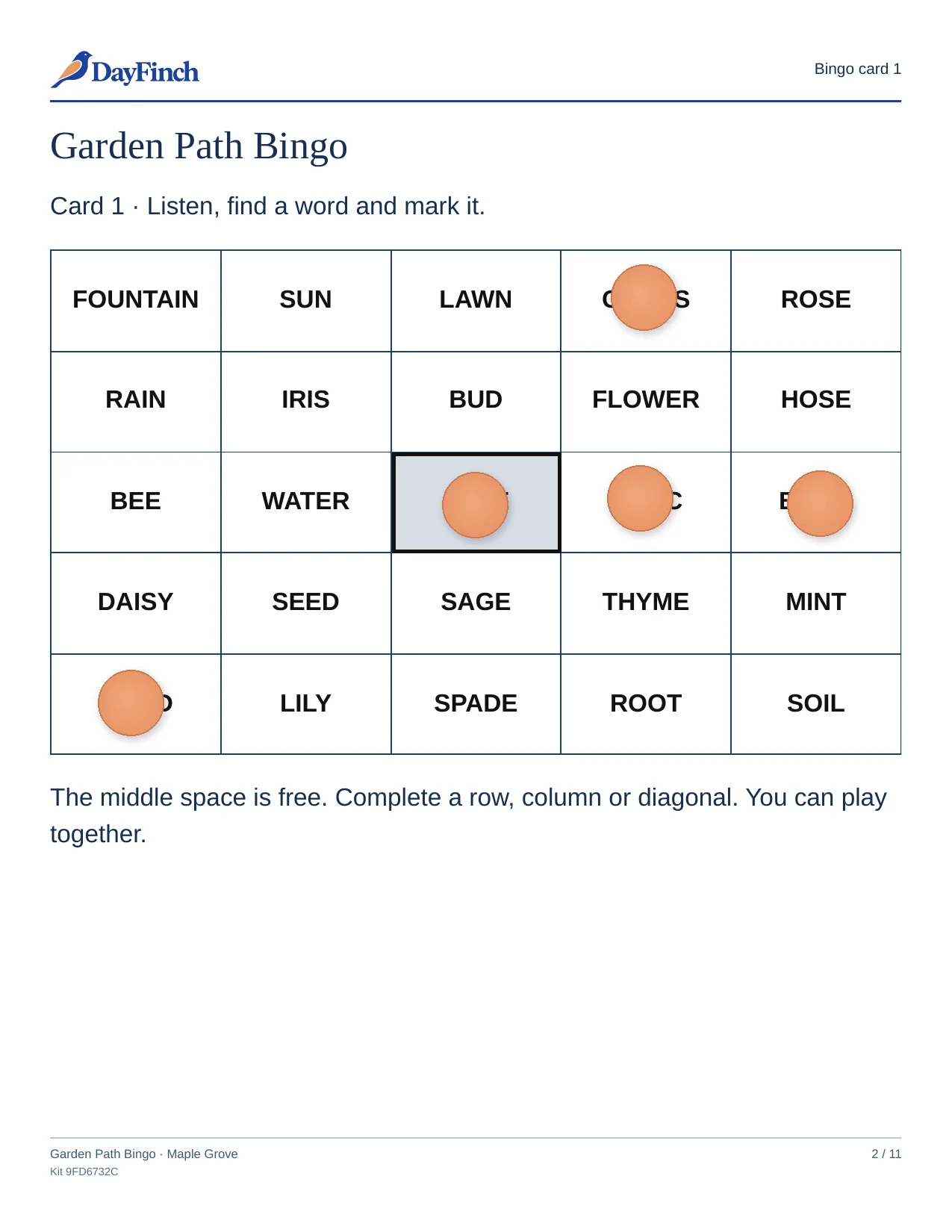 Printed bingo card 1 for Garden Path Bingo, with chips on the free space and on four called words