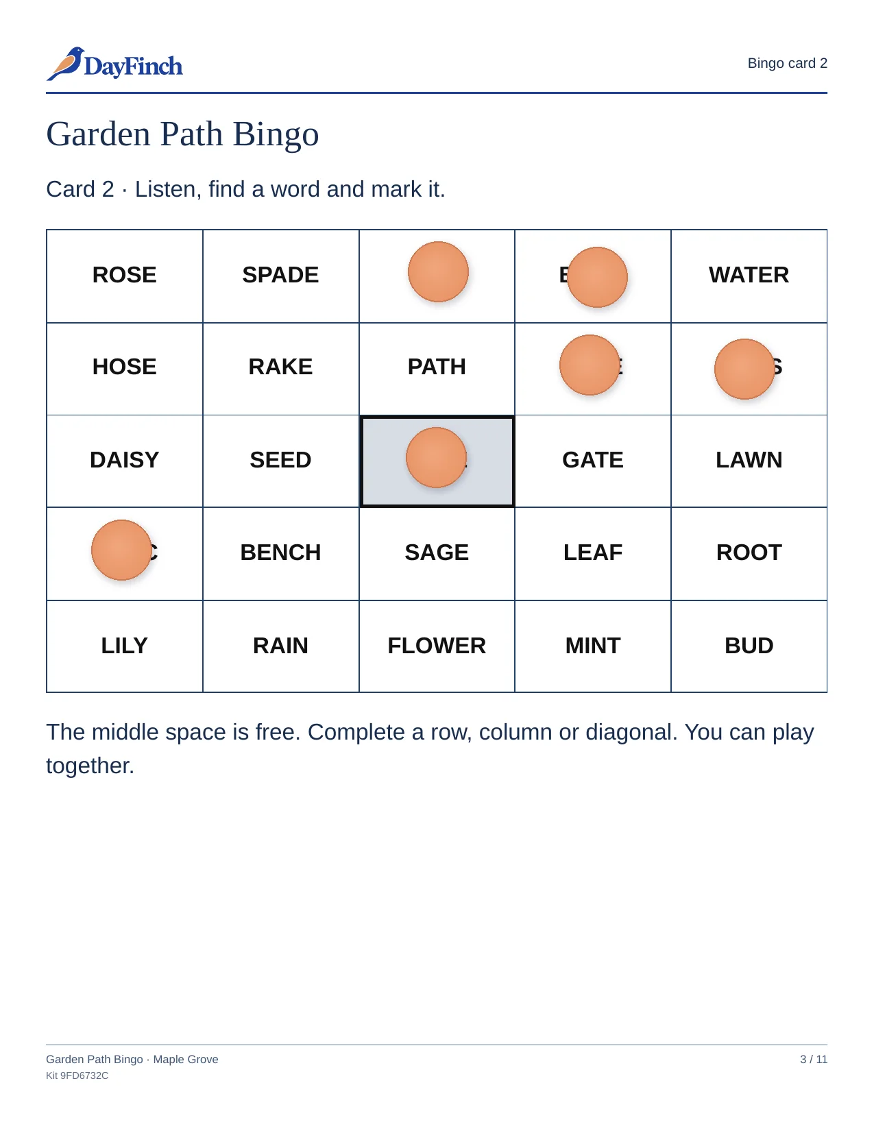 Bingo card 2, with chips on the free space and on BIRD, BASIL, TREE, MOSS and LILAC