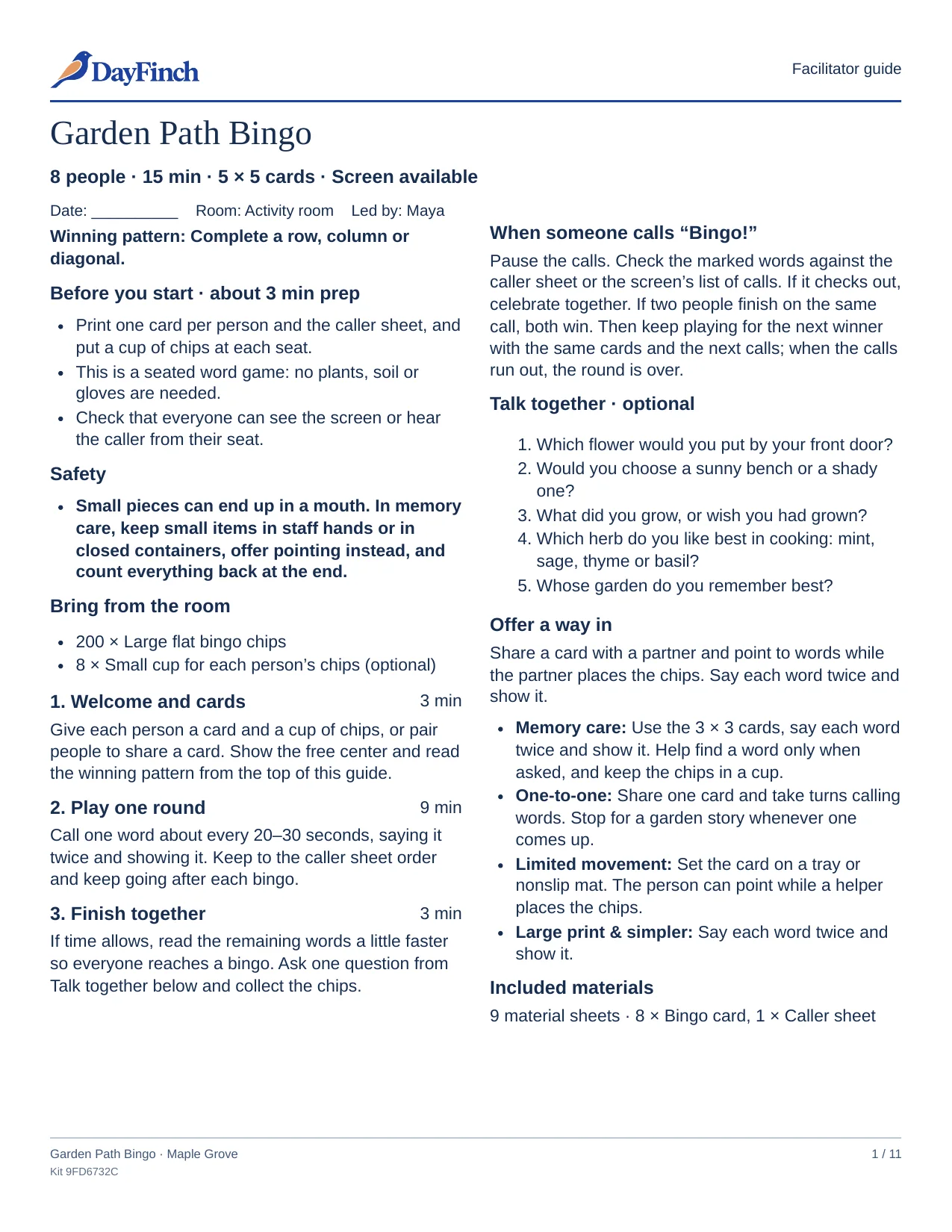 The printed facilitator guide for Garden Path Bingo