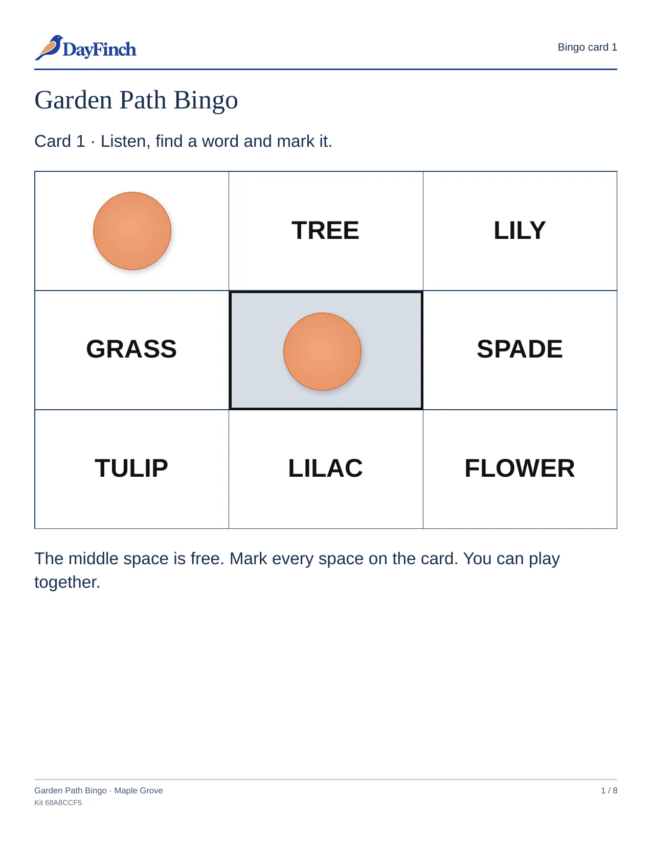 The large-print version: a 3 × 3 bingo card in big type, with chips on the free space and on DAISY