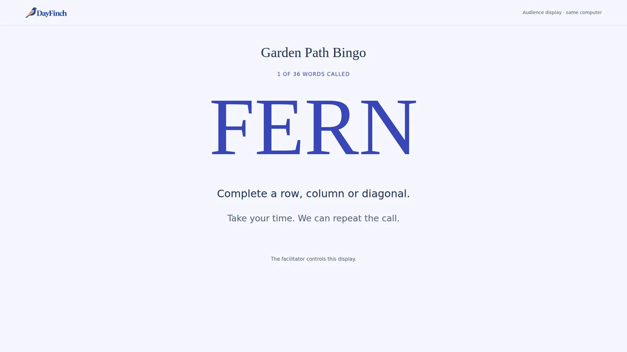 The matching TV screen for Garden Path Bingo: 1 of 36 words called, FERN
